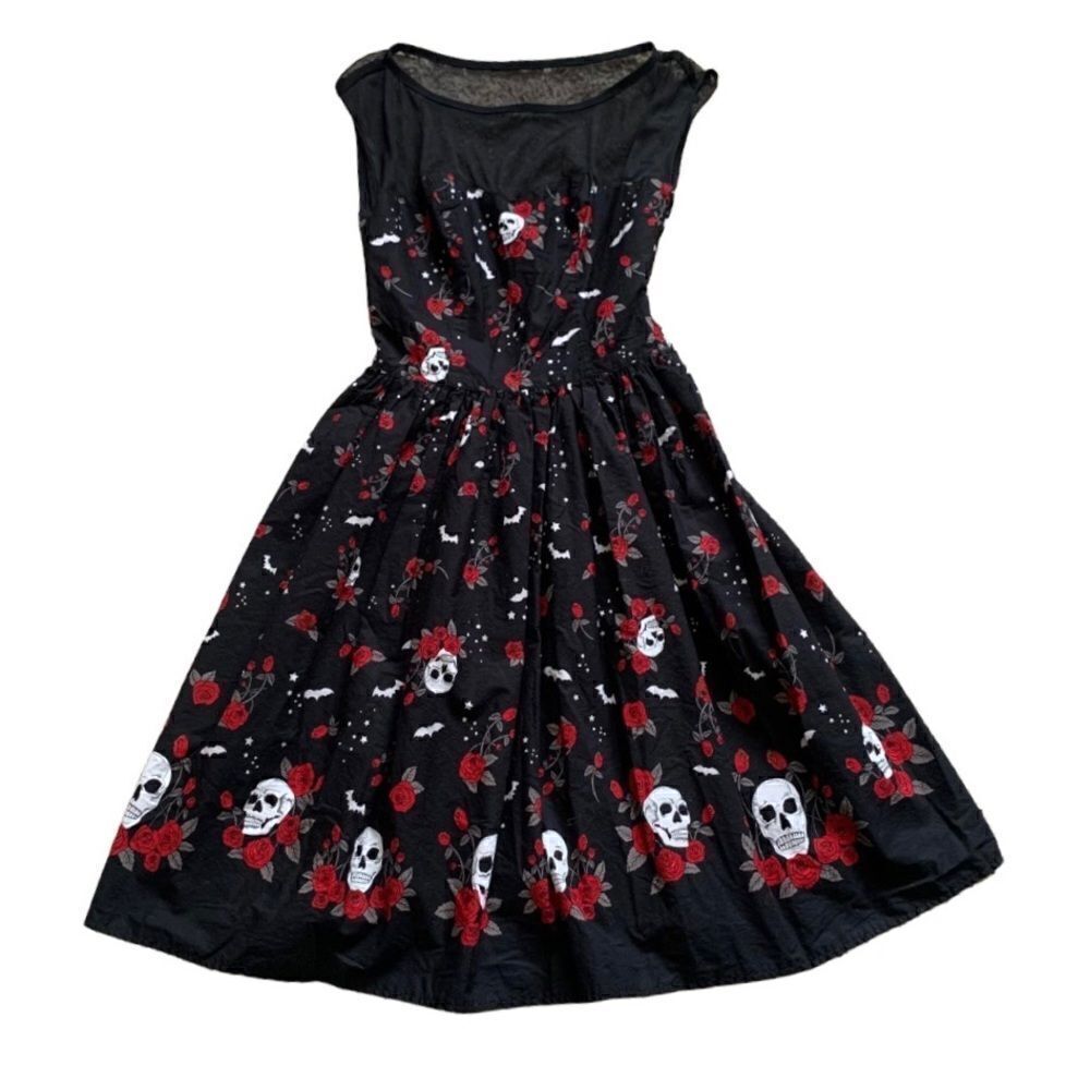 Hell Bunny Aconite Rockabilly Skull & Roses Midi Swing Dress Size XS